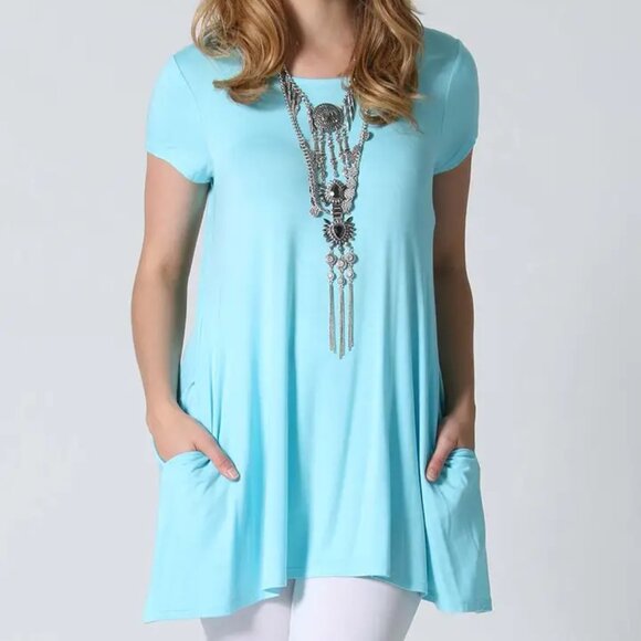 42POPS Tops - NWT WOMENS ROUND NECK SHORT SLEEVE POCKETS FLOWY KNIT TUNIC TOP SHIRT